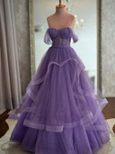 A-line Off-the-Shoulder Beading Floor-Length Tulle Corset Prom Dress