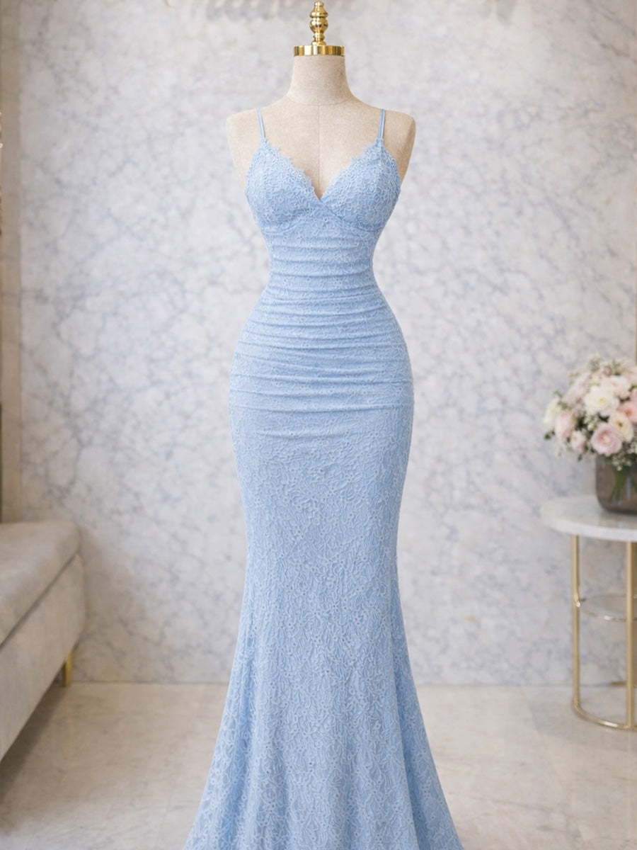 Mermaid Spaghetti Straps Appliques Lace Floor-Length Lace Corset Prom Dress
