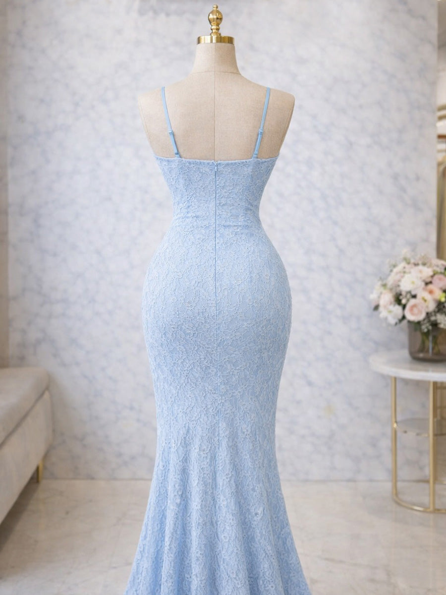 Mermaid Spaghetti Straps Appliques Lace Floor-Length Lace Corset Prom Dress