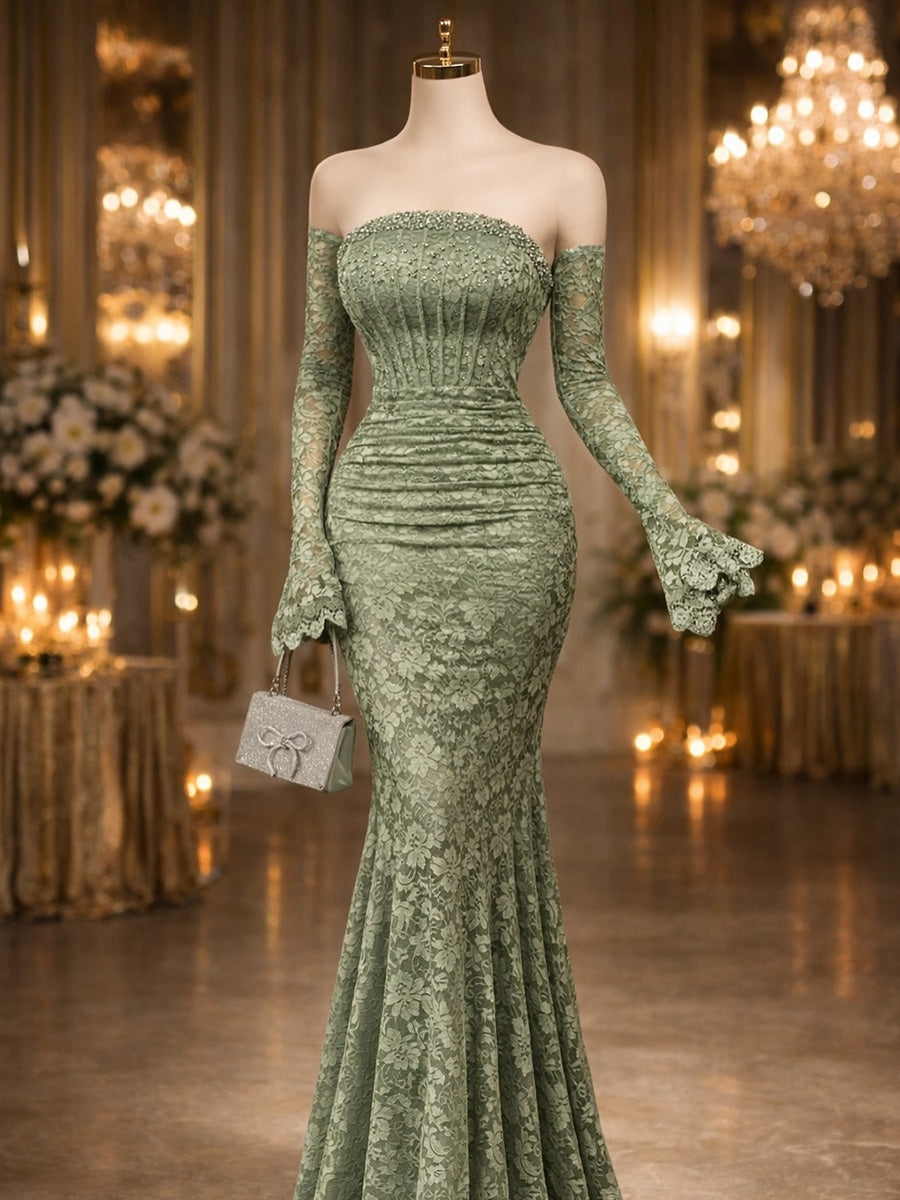 Mermaid Straight Long Sleeves Beading Sweep Train Lace Corset Prom Dress
