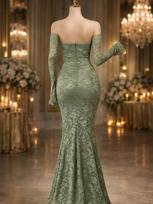 Mermaid Straight Long Sleeves Beading Sweep Train Lace Corset Prom Dress