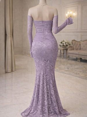 Mermaid Straight Long Sleeves Beading Sweep Train Lace Corset Prom Dress
