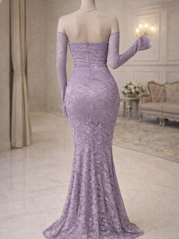 Mermaid Straight Long Sleeves Beading Sweep Train Lace Corset Prom Dress