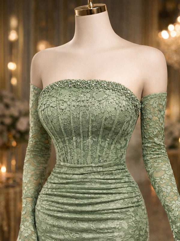 Mermaid Straight Long Sleeves Beading Sweep Train Lace Corset Prom Dress