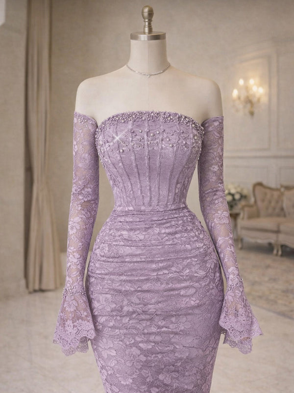 Mermaid Straight Long Sleeves Beading Sweep Train Lace Corset Prom Dress
