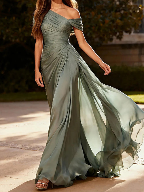A-line One-Shoulder Pleated Floor-Length 30D Chiffon Corset Prom Dress