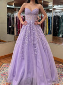 A-line Sweetheart Appliques Lace Floor-Length Tulle Corset Prom Dress