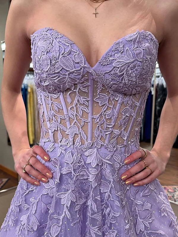 A-line Sweetheart Appliques Lace Floor-Length Tulle Corset Prom Dress