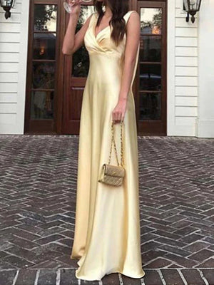A-line V-neck Floor-Length Silk Like Satin Prom Dress