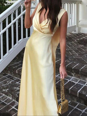 A-line V-neck Floor-Length Silk Like Satin Prom Dress
