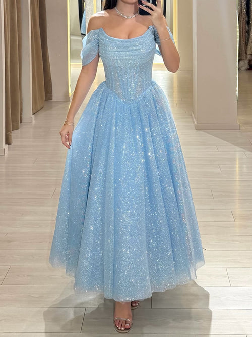A-line Off-the-Shoulder Sequin Ankle-Length Corset Prom Dress