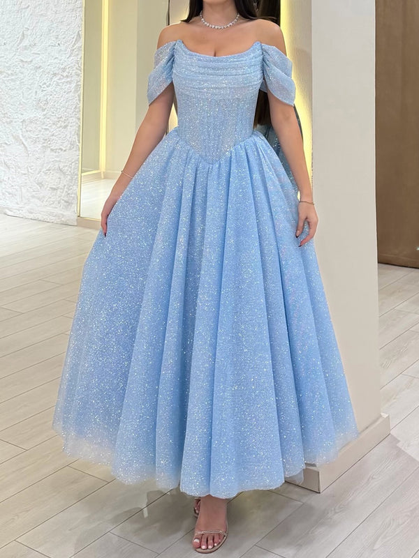 A-line Off-the-Shoulder Sequin Ankle-Length Corset Prom Dress