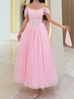 A-line Off-the-Shoulder Sequin Ankle-Length Corset Prom Dress