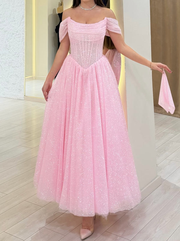 A-line Off-the-Shoulder Sequin Ankle-Length Corset Prom Dress