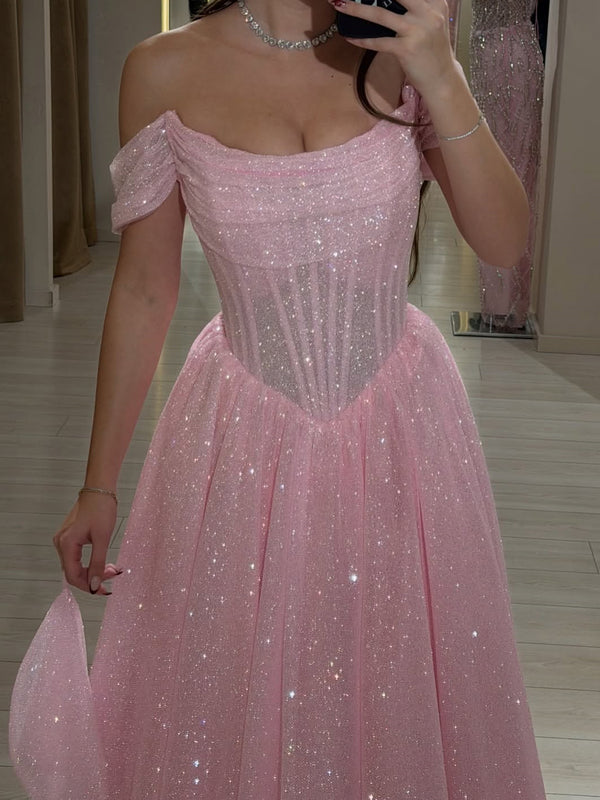 A-line Off-the-Shoulder Sequin Ankle-Length Corset Prom Dress