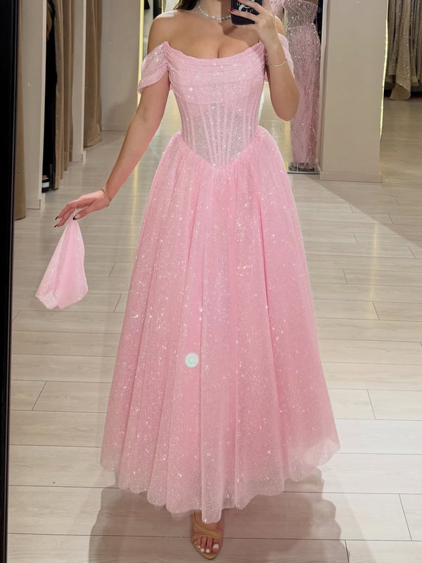 A-line Off-the-Shoulder Sequin Ankle-Length Corset Prom Dress
