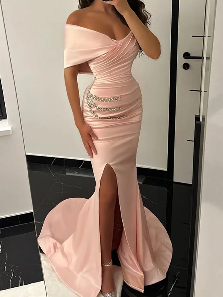 Mermaid One-Shoulder Beading Court Train Satin Corset Prom Dress