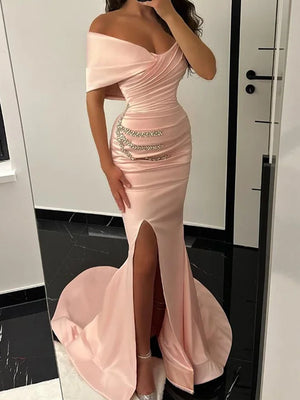 Mermaid One-Shoulder Beading Court Train Satin Corset Prom Dress