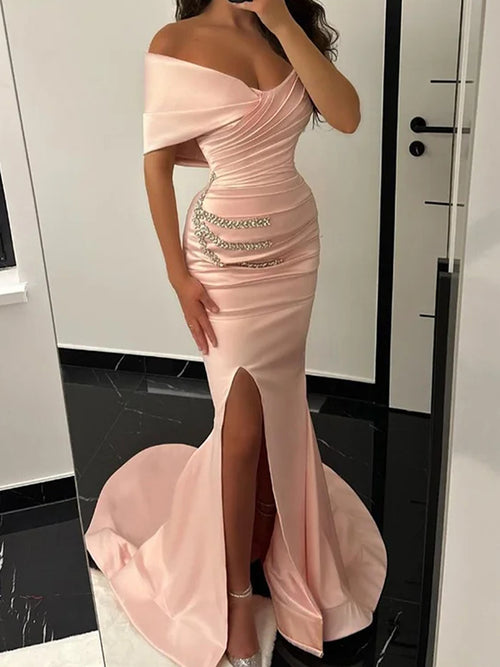 Mermaid One-Shoulder Beading Court Train Satin Corset Prom Dress