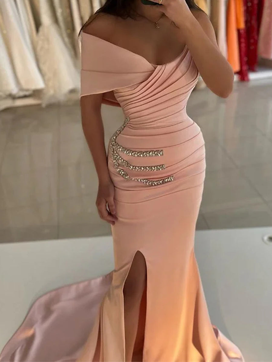 Mermaid One-Shoulder Beading Court Train Satin Corset Prom Dress