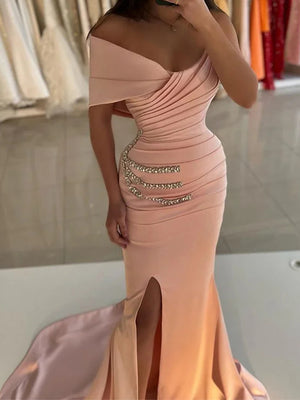Mermaid One-Shoulder Beading Court Train Satin Corset Prom Dress