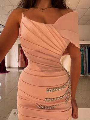 Mermaid One-Shoulder Beading Court Train Satin Corset Prom Dress