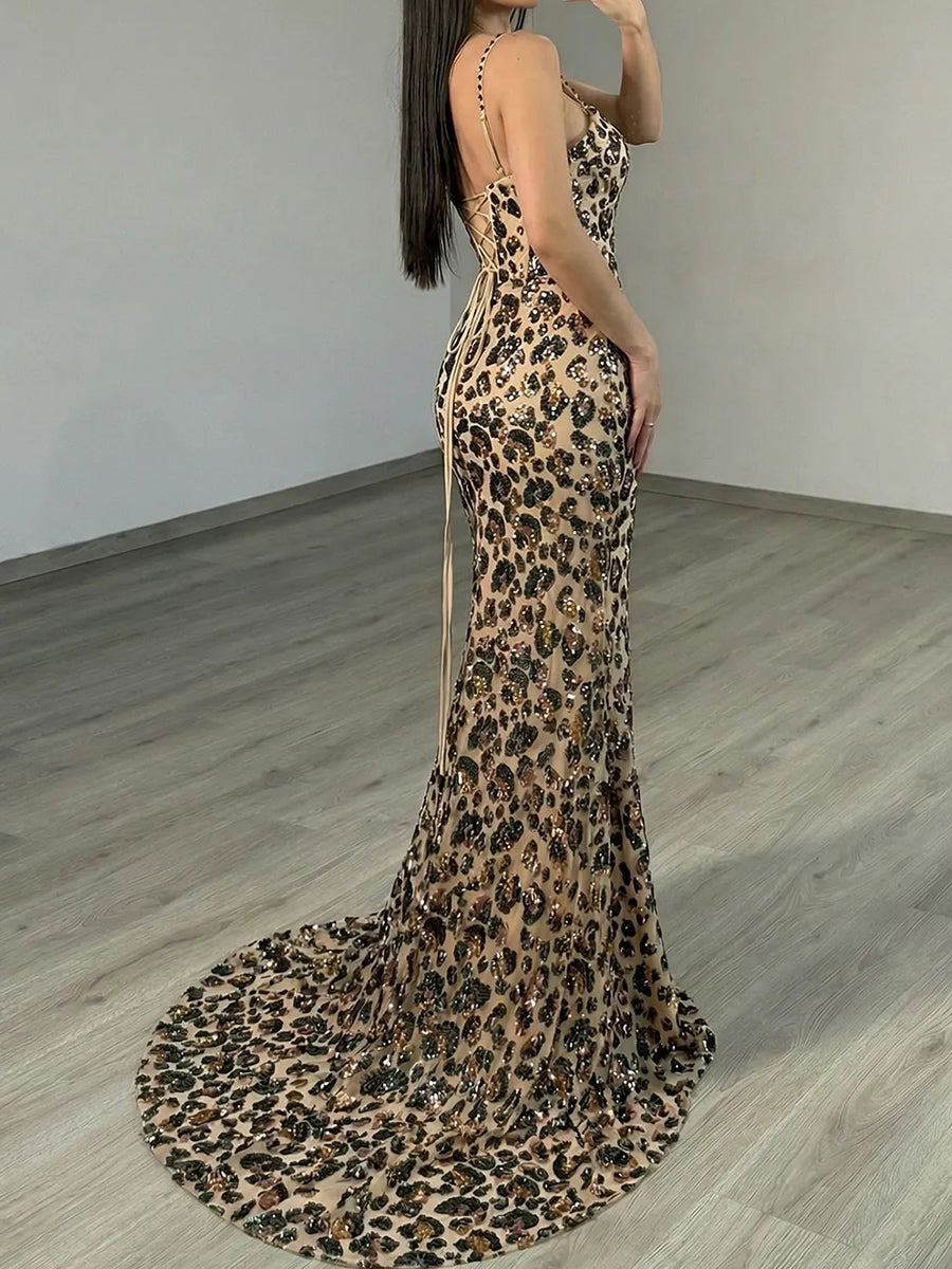 Sheath Spaghetti Straps Sequin Sweep Train Corset Prom Dress