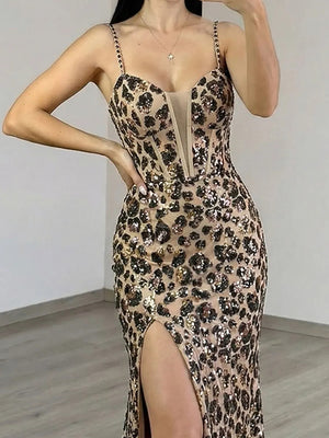 Sheath Spaghetti Straps Sequin Sweep Train Corset Prom Dress