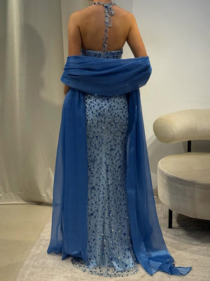Sheath Halter Rhinestone Floor-Length Tulle Corset Prom Dress