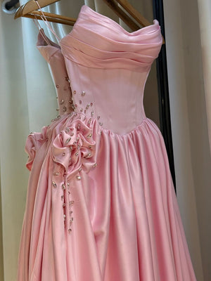 A-line Straight Rhinestone Floor-Length Satin Corset Prom Dress