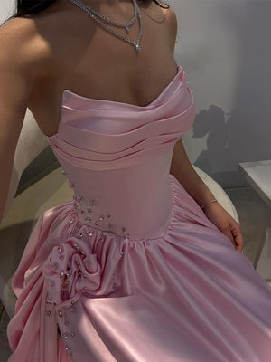A-line Straight Rhinestone Floor-Length Satin Corset Prom Dress