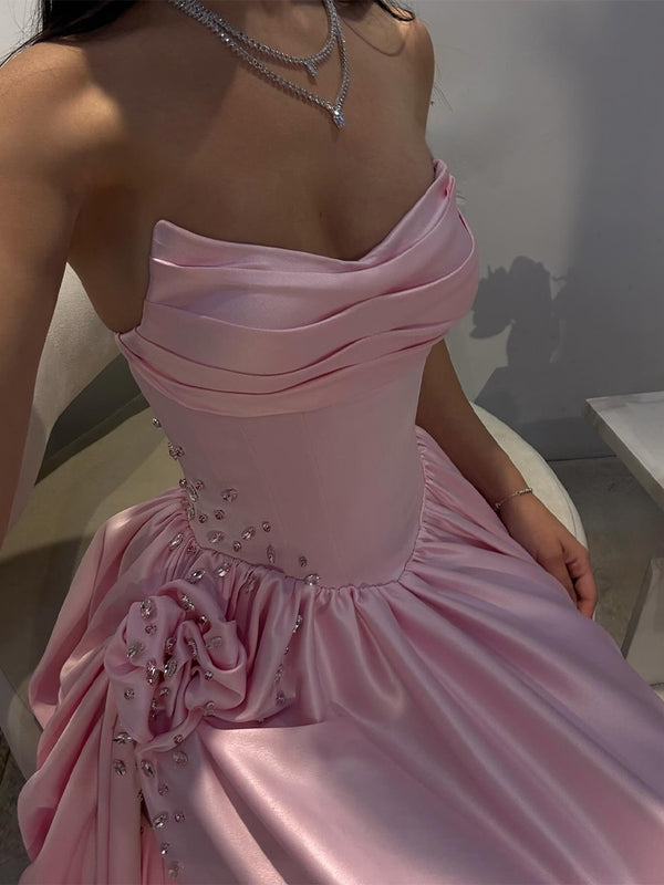 A-line Straight Rhinestone Floor-Length Satin Corset Prom Dress