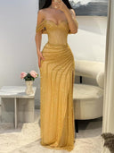 Sheath Off-the-Shoulder Sequin Floor-Length Corset Prom Dress