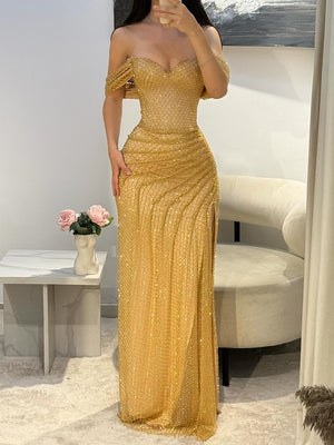 Sheath Off-the-Shoulder Sequin Floor-Length Corset Prom Dress