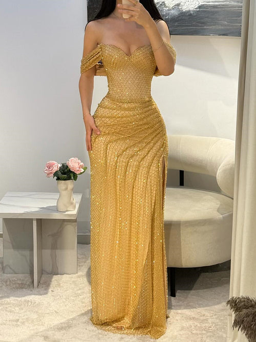 Sheath Off-the-Shoulder Sequin Floor-Length Corset Prom Dress