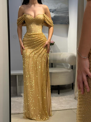 Sheath Off-the-Shoulder Sequin Floor-Length Corset Prom Dress