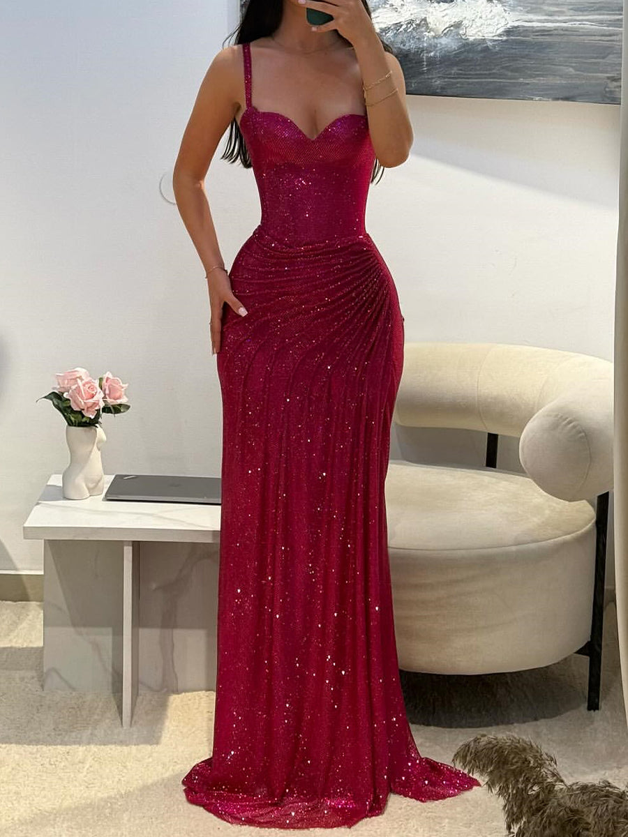 Sheath Spaghetti Straps Sequin Sweep Train Sequins Prom Dress