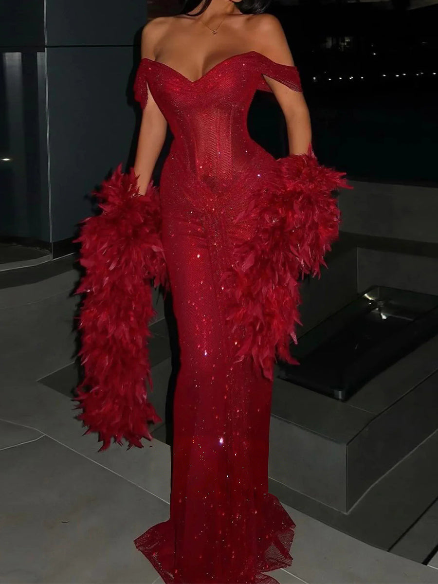 Sheath Off-the-Shoulder Pleated Floor-Length Sequins Corset Prom Dress