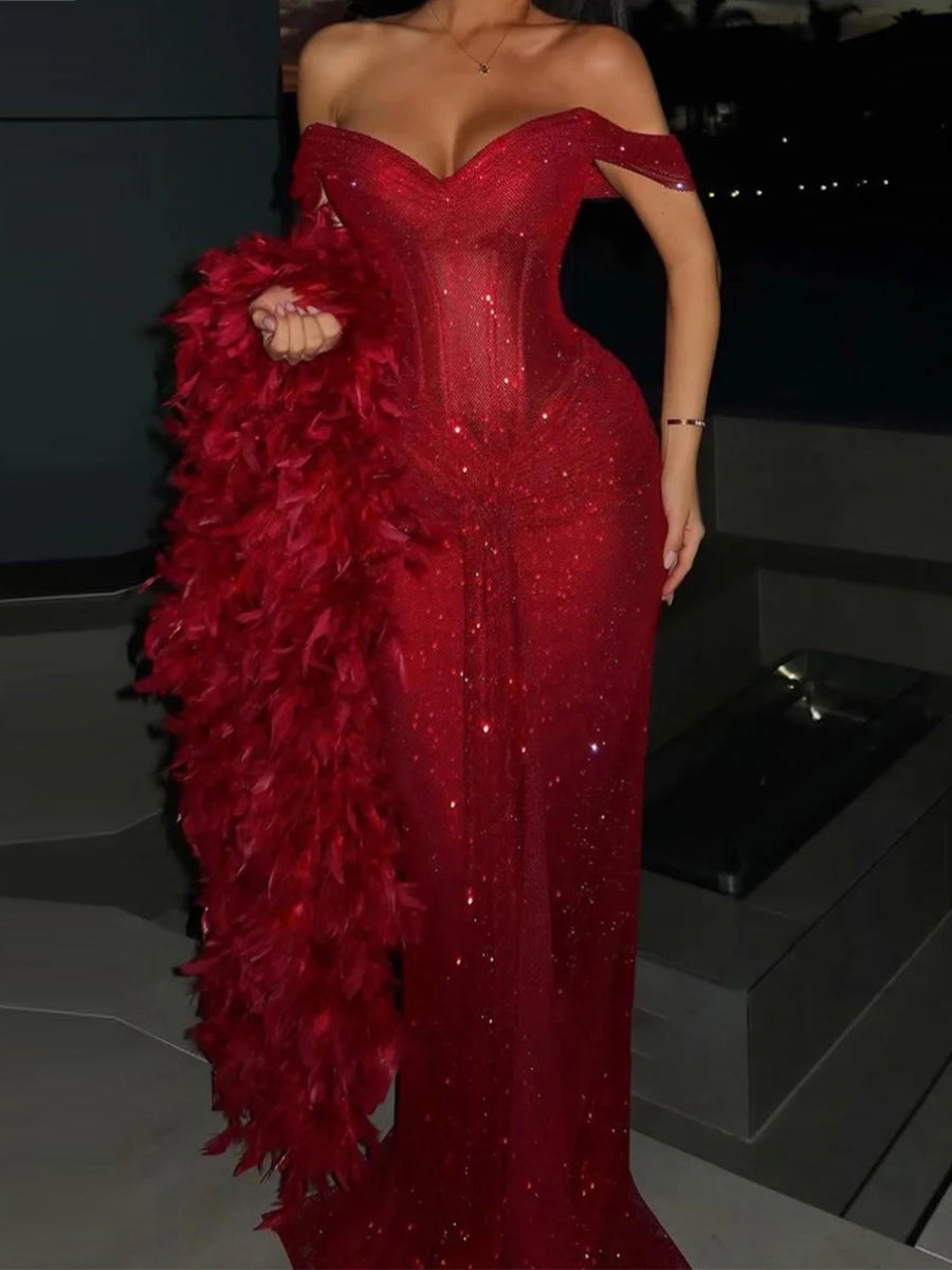 Sheath Off-the-Shoulder Pleated Floor-Length Sequins Corset Prom Dress
