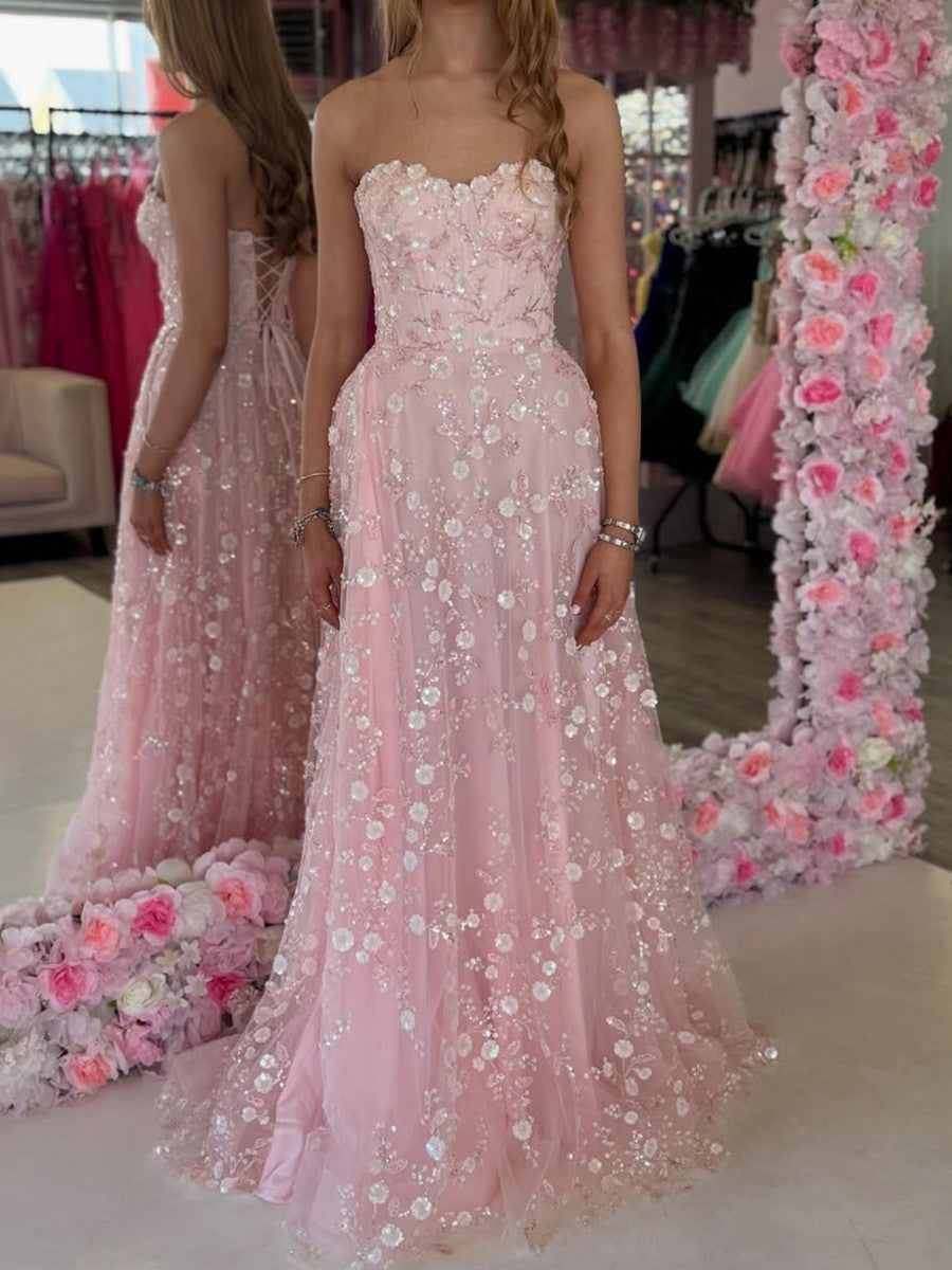 A-line Straight Beading Sweep Train Tulle Corset Prom Dress