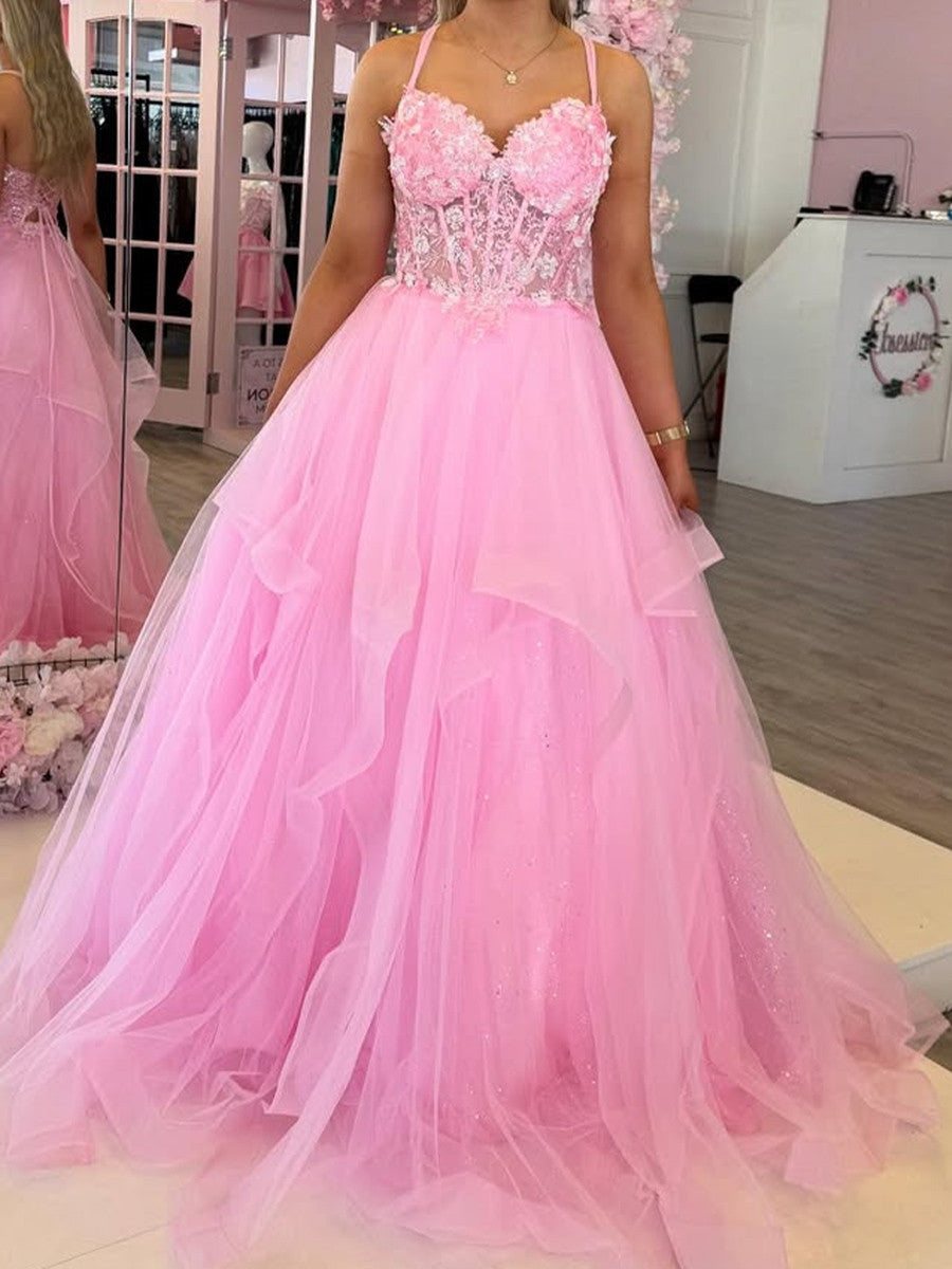 A-line Halter Flower Floor-Length Tulle Corset Prom Dress