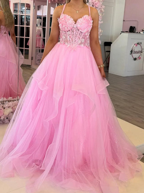 A-line Halter Flower Floor-Length Tulle Corset Prom Dress