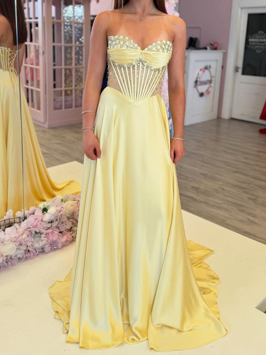 A-line Sweetheart Beading Court Train Silk Like Satin Corset Prom Dress