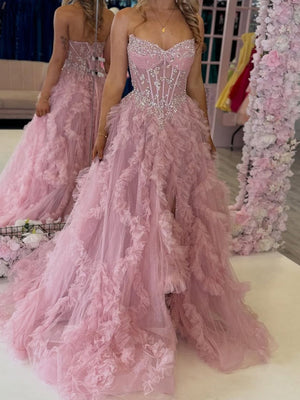 A-line Sweetheart Beading Sweep Train Tulle Corset Prom Dress
