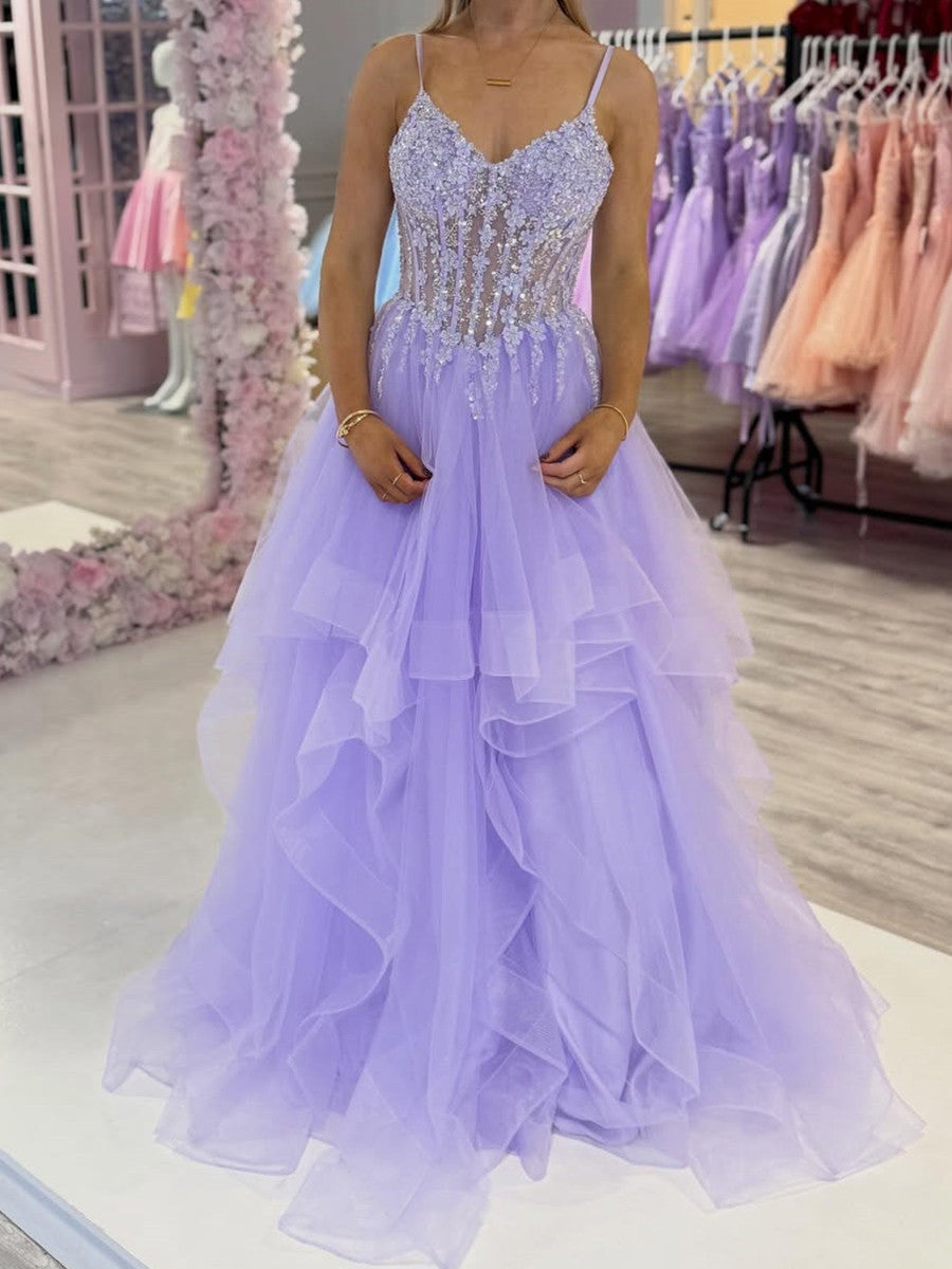 A-line Spaghetti Straps Appliques Lace Floor-Length Tulle Corset Prom Dress