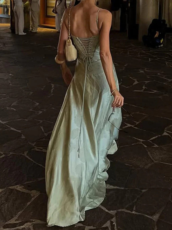 A-line Spaghetti Straps Sweep Train Corset Prom Dress