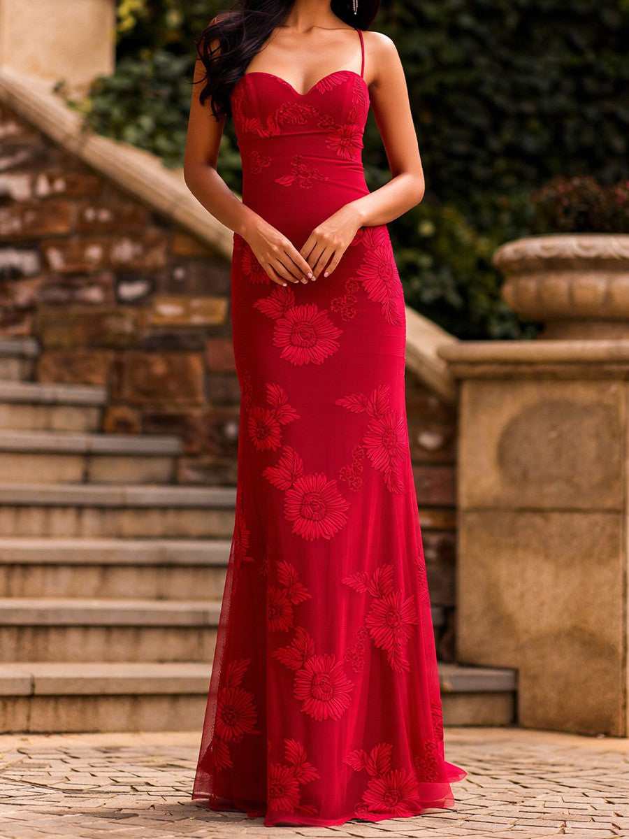 Sheath Spaghetti Straps Floor-Length Lace Corset Prom Dress