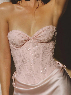 Sheath Sweetheart Pleated Floor-Length Silk Like Satin Corset Prom Dress