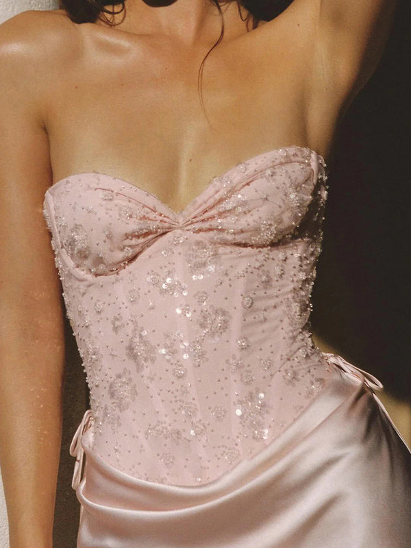 Sheath Sweetheart Pleated Floor-Length Silk Like Satin Corset Prom Dress
