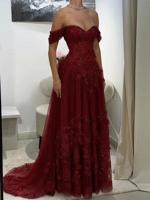 A-line Off-the-Shoulder Appliques Lace Sweep Train Tulle Corset Prom Dress